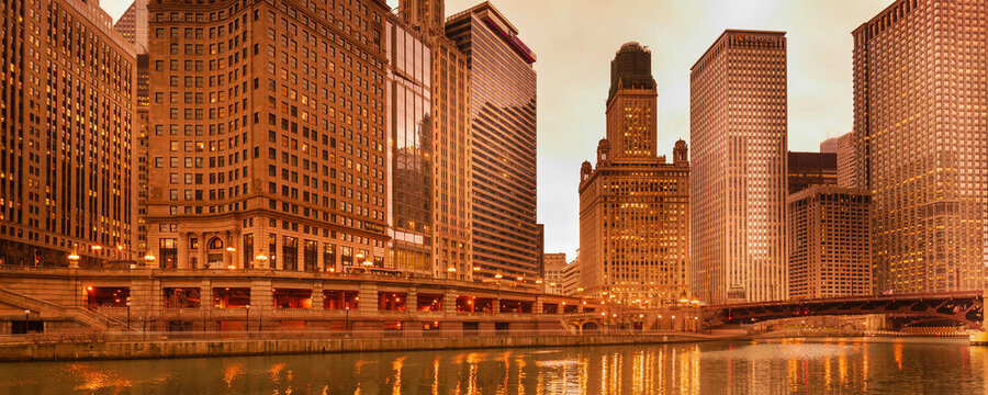 Chicago cityscape and Chicago River; Chicago, Illinois, United States of America