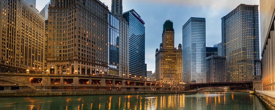 Chicago cityscape and Chicago River; Chicago, Illinois, United States of America