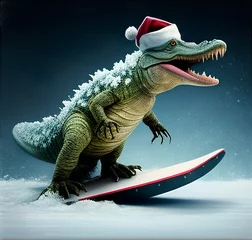 Fototapeten crocodile with christmas hat on scateboard © MmeBlueBird