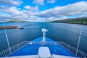 View of the bow of the island Ferry MS Norröna from Iceland, driving through the islands of the Faroe Islands, an autonomous Denmark Territory; Faroe Islands
