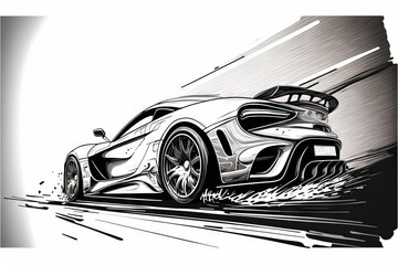  a drawing of a sports car driving on a track with a speedometer on the side of it's body. Generative AI