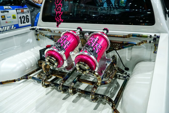 Bangkok, Thailand - 10 December 2022:(Nos) Nitrous Oxide Systems with titanium frame at the Motor Expo 2022