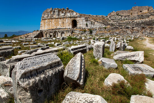 The theatre in the ruins at Miletus, near Kusadasi, Turkey.; The ruins of Miletus, near Kusadasi, close to the Aegean coast, in western Anatolia, Turkey.