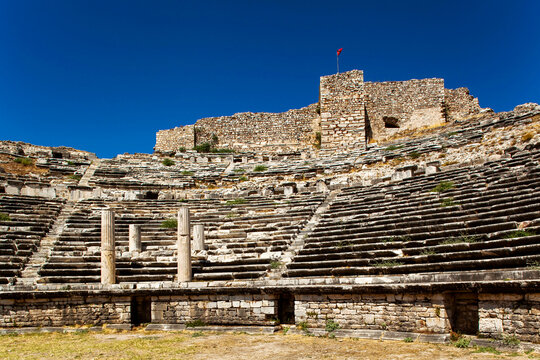 The theatre in the ruins at Miletus, near Kusadasi, Turkey.; The ruins of Miletus, near Kusadasi, close to the Aegean coast, in western Anatolia, Turkey.