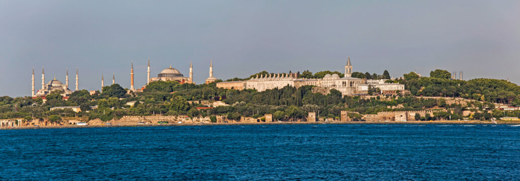 Istanbul's ancient monuments seen from across the Bosphorus, Turkey.; Istanbul, Turkey.