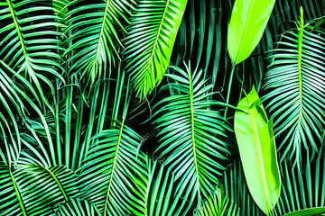 black background with tropical green leaves. Generated AI