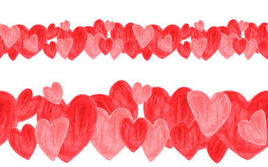 Watercolor seamless border of red and pink hearts on a transparent background. It can be used in postcards, invitations, backdrops, banners and more. PNG high quality file at 300 dpi.