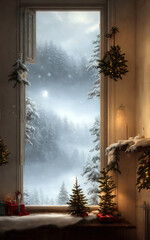 Room with snow scene background. 3D Illustration