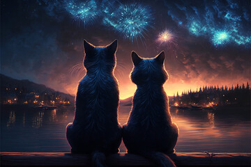 A cat couple watching fireworks together on the New Year´s Eve