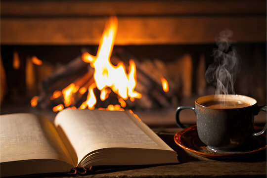 a warm relax place in front of a chimney, a cup of coffee and a book, generative ai technology

