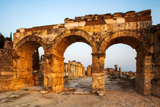 Roman North Gate, in the ruins of Hierapolis, a Unesco World Heritage Site; Pamukkale, Denizli Province, Turkey