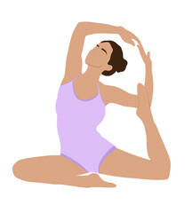 Graphic illustration of beautiful woman in violet bodysuit doing yoga exercise. Idea for icon, background, stickers, poster, banner, books, art , cartoon, magazine 