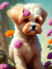 the cutest dog maltipoo in flowers, maltipu in a wicker basket. adorable puppy