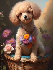 the cutest dog maltipoo in flowers, maltipu in a wicker basket. adorable puppy
