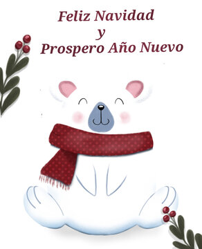 Oso polar con bufanda, ilustración infantil navideña con espacio para lettering sin fondo.