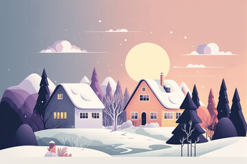 Naklejka premium Winter landscape with houses, Christmas illustration, flat style