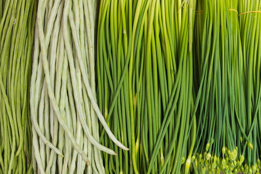Close-up detail of fresh vegetables, garlic sprouts and Chinese long beans for sale in Chengdu Market; Sichuan, China