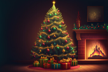 Christmas tree in the room with presents and fireplace. New Year illustration