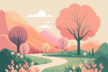 Spring landscape illustration, flat style pastel background