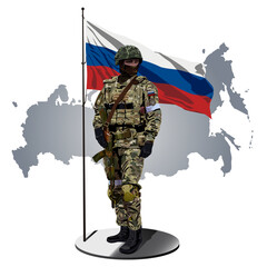 russian soldier with russian flag behind