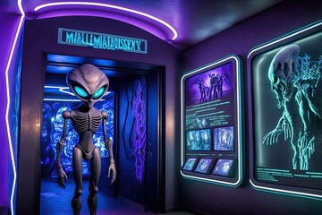 An intergalactic humanoid visits an Alien museum to learn about the culture and past of his alien race. The museum holds relics and data about numerous Alien civilizations. - obrazy, fototapety, plakaty