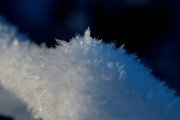 Białe płatki, kryształki, fraktale śniegu na ciemnym tle. Zbliżenie, makro. Różne formy...