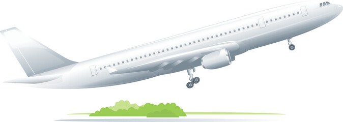 Passenger plane takes off from a runway on side view, air transport isolated illustration, one gray passenger plane break away from the ground