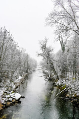 Münchenstein, Birs, Fluss, Birstal, Baselland, Arlesheim, Reinach, Wald, Waldweg, Auwald, Uferweg, Wanderweg, Renaturierung, Winter, Winterlandschaft, Winterspaziergang, Eis, Schnee, Basel, Schweiz 