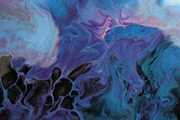 Art Abstract flow pour acrylic, ink and watercolor marble painting. Blue Color wave texture blots background. Fluid Art.