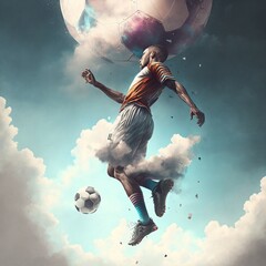 Fototapeta na wymiar A man plays football in the sky. Generative AI.