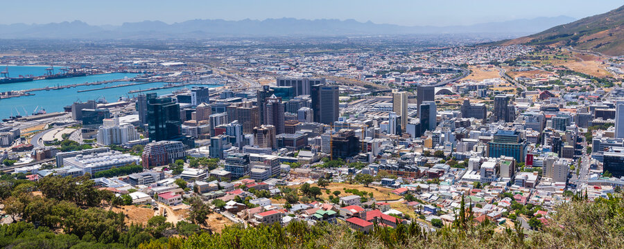 Cape Town City Centre with view of harbor the city's waterfront from Signal Hill; Cape Town, Western Cape Province, South Africa