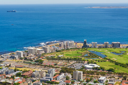 View of Cape Town and Table Bay with Robben Island in the distance from Table Mountain; Cape Town, Western Cape, South Africa
