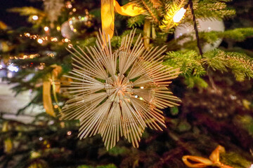 Close up of Christmas night tree decorations for postcard