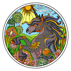 Black unicorn round color vector isolated illustration