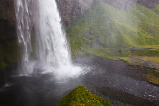 The lower half of Seljalandsfoss Falls, on the south coast of Iceland.; Seljalandsfoss Falls, Vik, Iceland.
