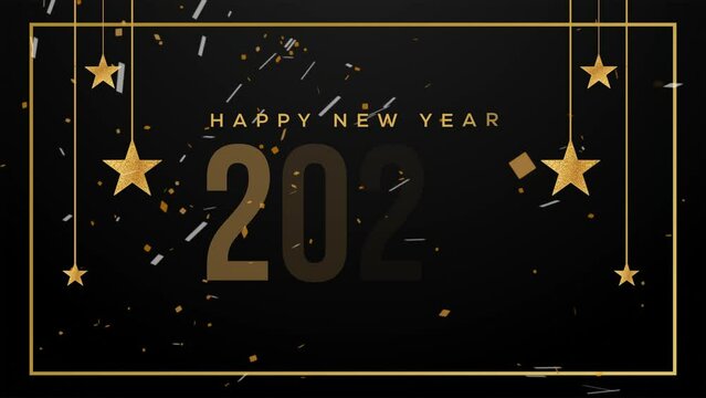 Happy New Year 2023 Golden glittering 4k animation with celebrating confetti. Modern new year celebration video background