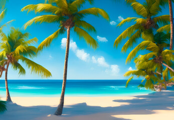 Obraz na płótnie Canvas dazzling ocean front view, sea beach. White sand, blue ocean and palm trees