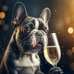 French Bulldog drinking champagne on New Year's Eve party. with a glass of champagne