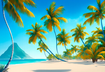 Fototapeta na wymiar dazzling ocean front view, sea beach. White sand, blue ocean and palm trees