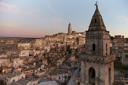 View of Sassi di Matera prehistoric cave buildings, Matera.; Matera, Basilicata Province, Italy.
