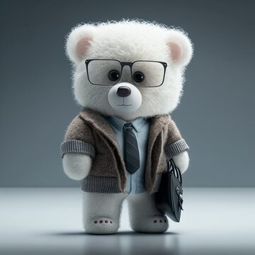 cute teddy bear in a suit and tie, with a bag and glasses  - Generative AI