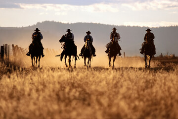 Five cowboys riding horses in a row; Seneca, Oregon, United States of America