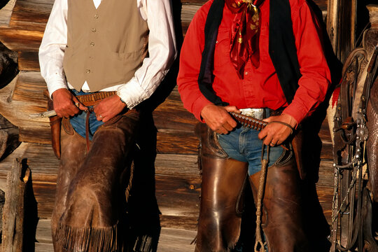 Cowboys in horse riding gear; Seneca, Oregon, United States of America