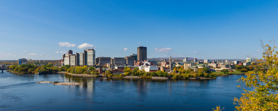 View Of Hull, sector of the Canadian National Capital Region, the Canadian Museum Of History and the Ottawa River; Gatineau, Quebec, Canada