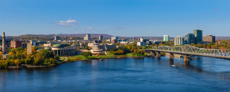 Alexandra Bridge, an interprovincial bridge across the Ottawa River between Ontario and Quebec, and the Canadian Museum of History; Gatineau, Quebec, Canada