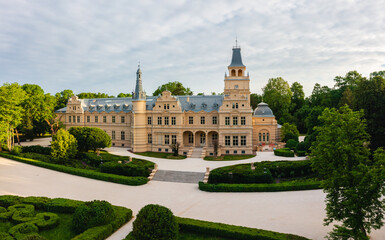 Aerial view about the period-correctly renovated Wenckheim Palace at Szabadkigyos, Hungary. It was...