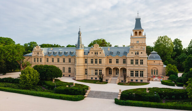 Aerial view about the period-correctly renovated Wenckheim Palace at Szabadkigyos, Hungary. It was built between 1875 and 1879 based on the plans of Miklos Ybl.