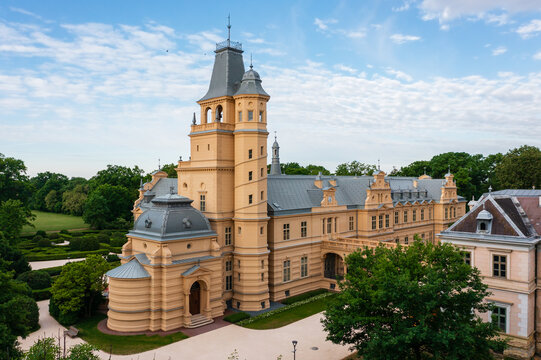 Aerial view about the period-correctly renovated Wenckheim Palace at Szabadkigyos, Hungary. It was built between 1875 and 1879 based on the plans of Miklos Ybl.