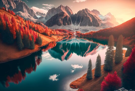 illustration, autumn landscape, mountains, lake ,bushes, 3d Illustration. © Jorge Ferreiro