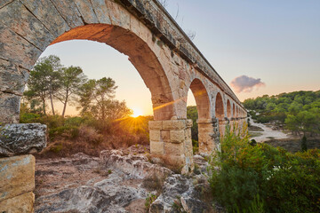 Old, Roman aqueduct, the Ferreres Aqueduct (Aqüeducte de les Ferreres) also known as Pont del Diable (Devil's Bridge) near Tarragona; Catalonia, Spain